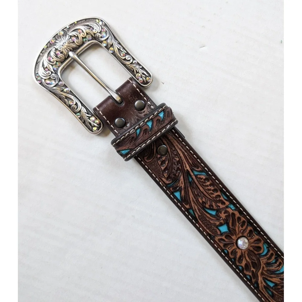 Womens Ariat Leather Belt Size Medium Brown Turquoise Inlay Floral Tooled
